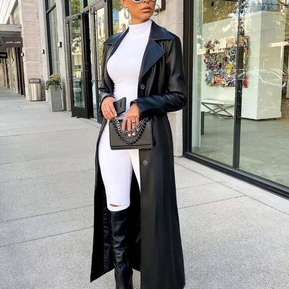 Black Elegant Women's Faux Leather Trench Coat - Picture 1 of 7